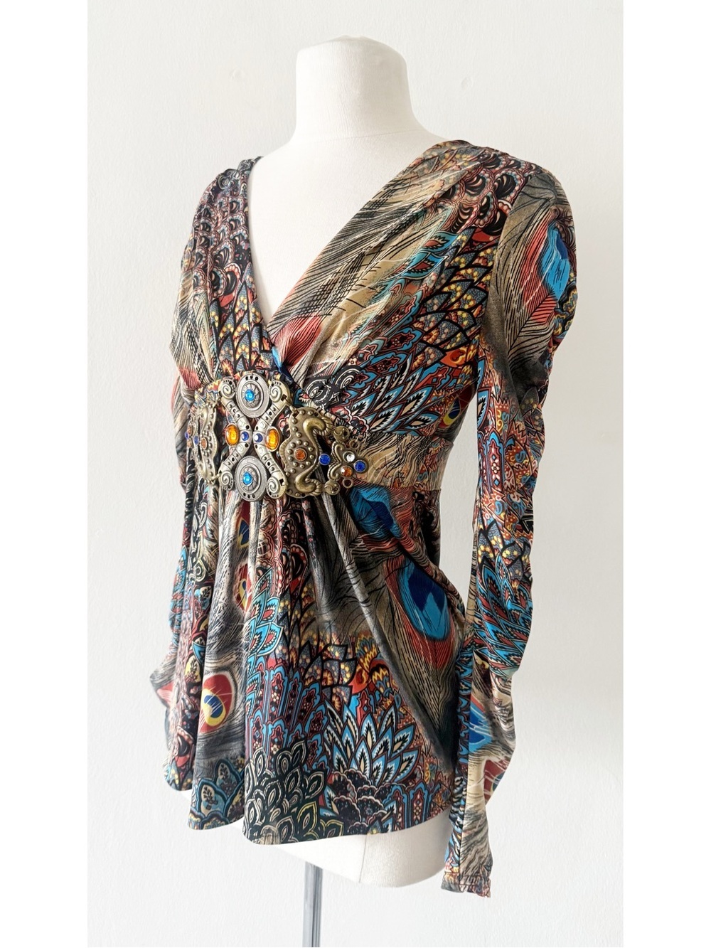 Vintage Boston Proper Embellished Waist Long Sleeve Peacock Print Top Small (S)